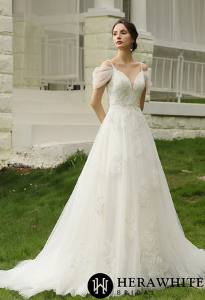 Romantic Glittery  Lace Bridal Gown With Detachable Straps