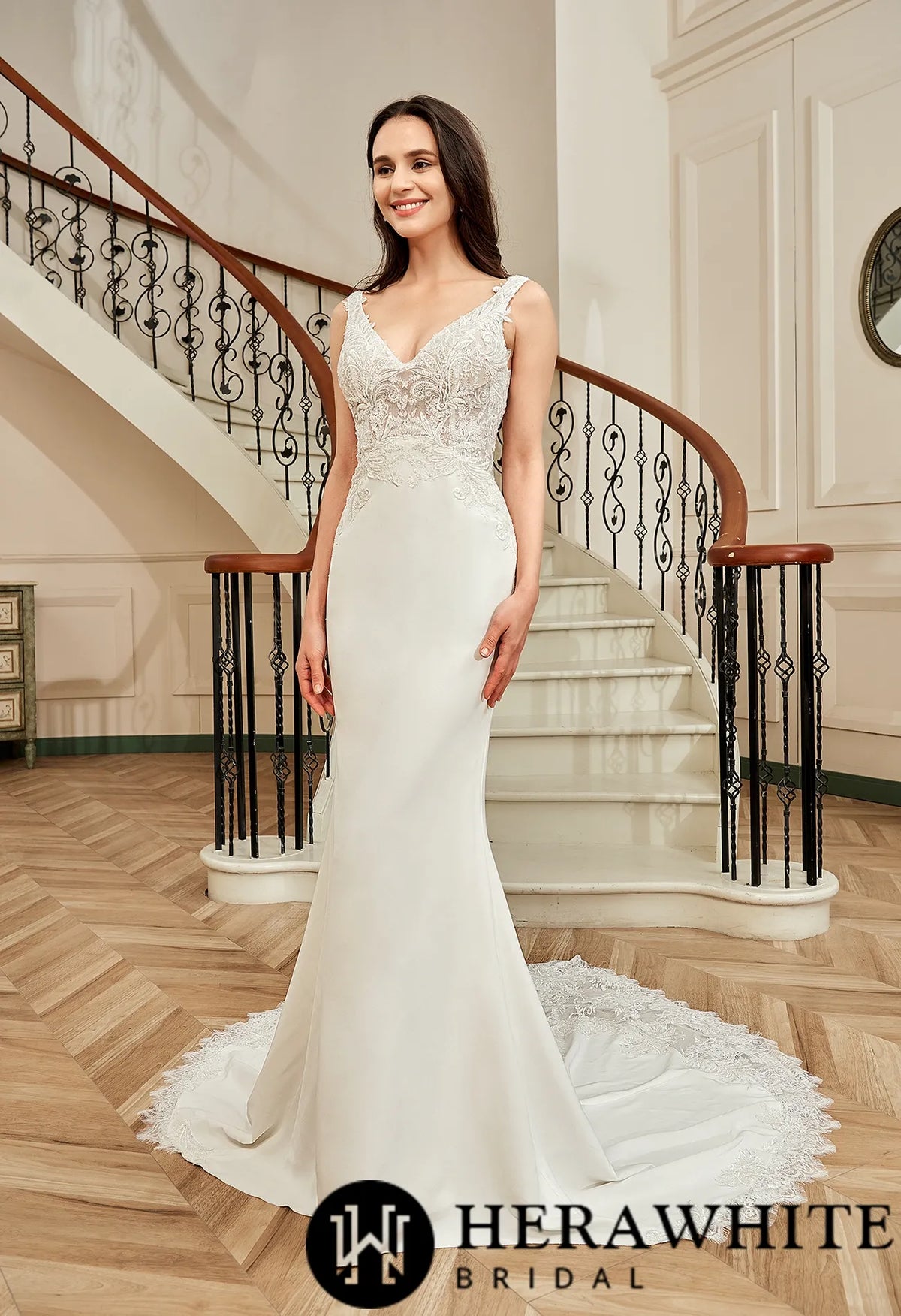 Motifs Crepe Sheath Shaped Court Lace Train Wedding Dress