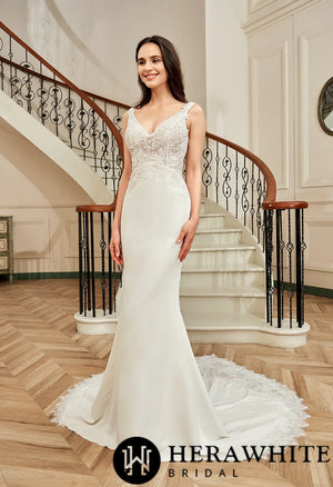 Motifs Crepe Sheath Shaped Court Lace Train Wedding Dress