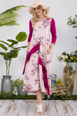 FLORAL CONTRAST MID-DRESS WITH RUFFLE DETAILS -CD43841C