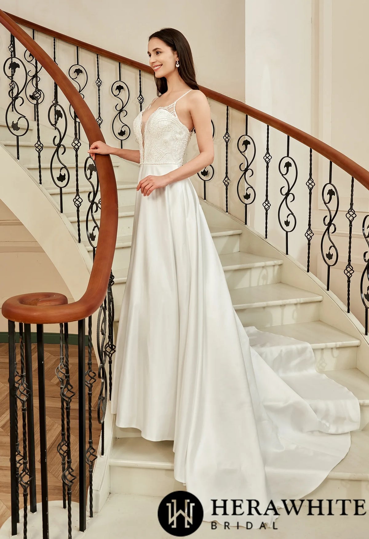 Beaded Deep V-neckline Satin A-Line Pockets Wedding Dress