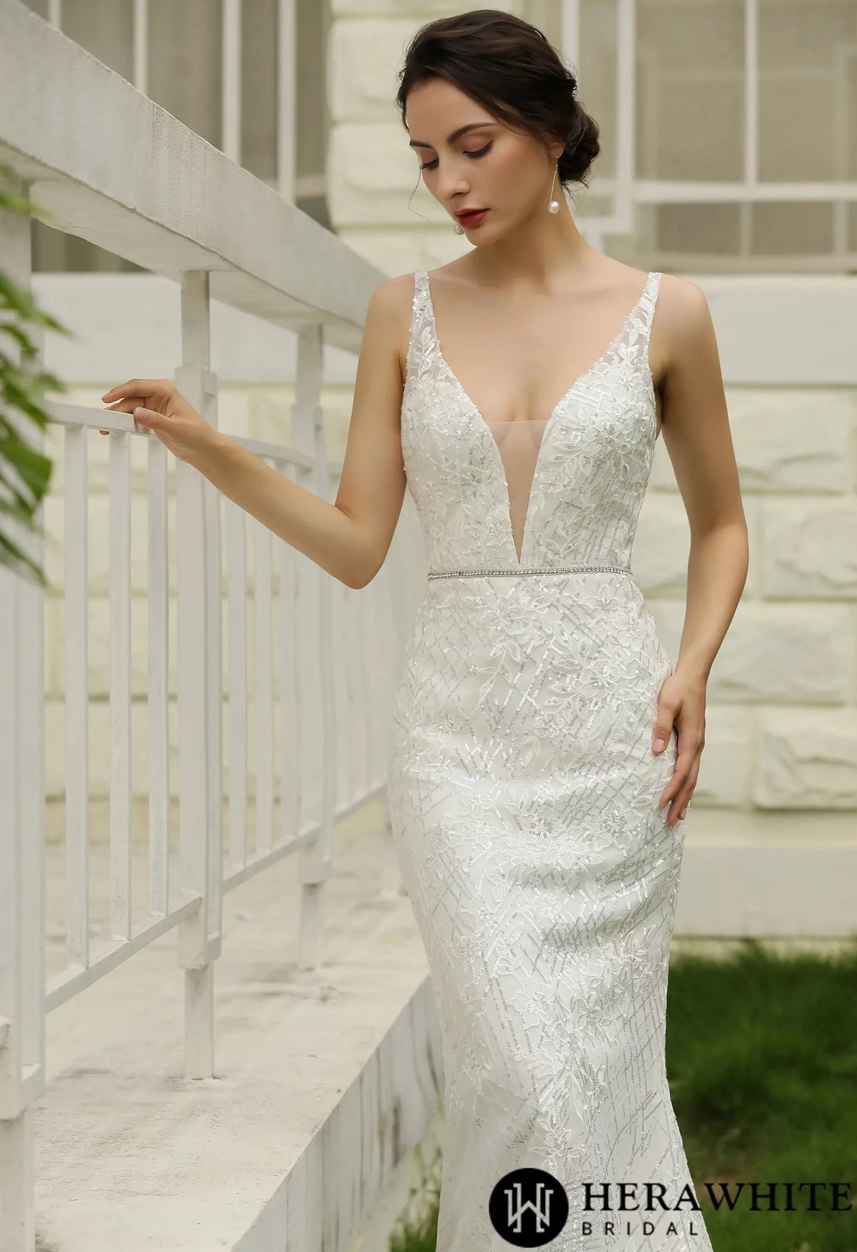 Glittery Fitted  Wedding Dress With Deep V Neckline