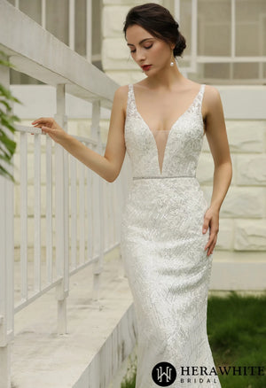 Glittery Fitted  Wedding Dress With Deep V Neckline