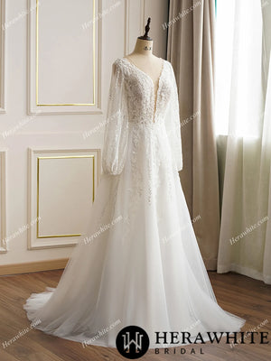 Lace Long Sleeve Plunging Neckline Wedding Dress