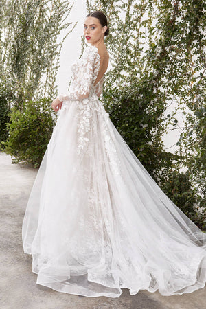 LONG SLEEVE WEDDING BLL GOWN WITH LACE LAYERS & APPLIQUE
