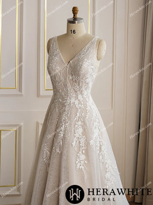 V-neckline Floral Lace A-line Wedding Dress