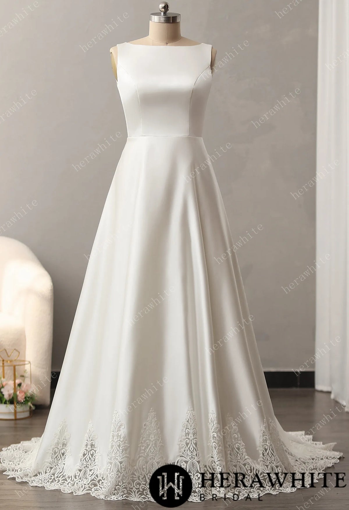 Bateau Neckline A-line Skirt with Cutout Train