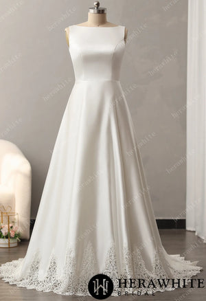 Bateau Neckline A-line Skirt with Cutout Train