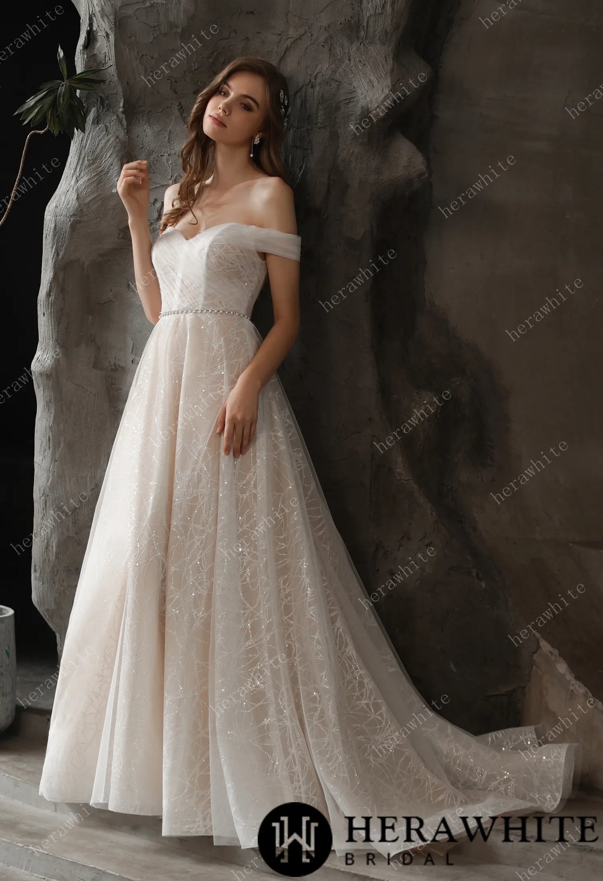 Shimmer Off-the-shoulder Neckline A-line Tulle Wedding Dress