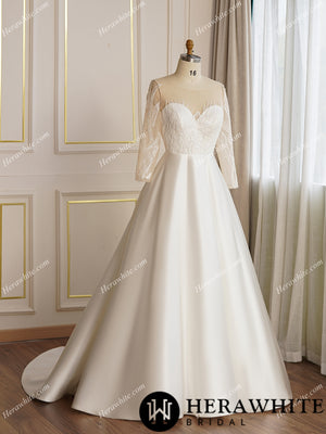 Beaded Sheer Long Sleeve Satin Wedding Dress