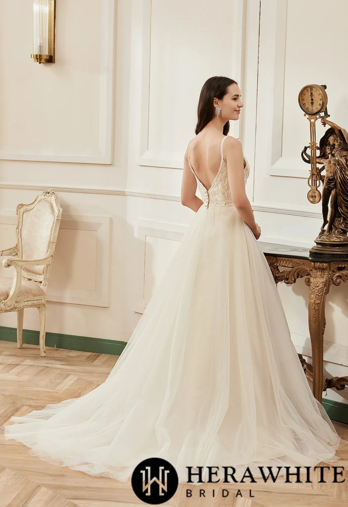Champagne Romantic Spaghetti Straps  A-Line Wedding Dress