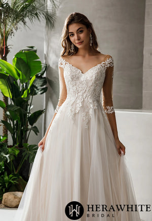 Gorgeous Lace A-line Bridal Gown With 3/4 sleeves