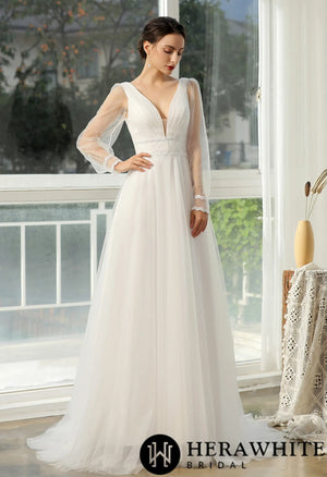 Bishop long Sleeve  Ruched Illusion V-neckline Bridal Gown