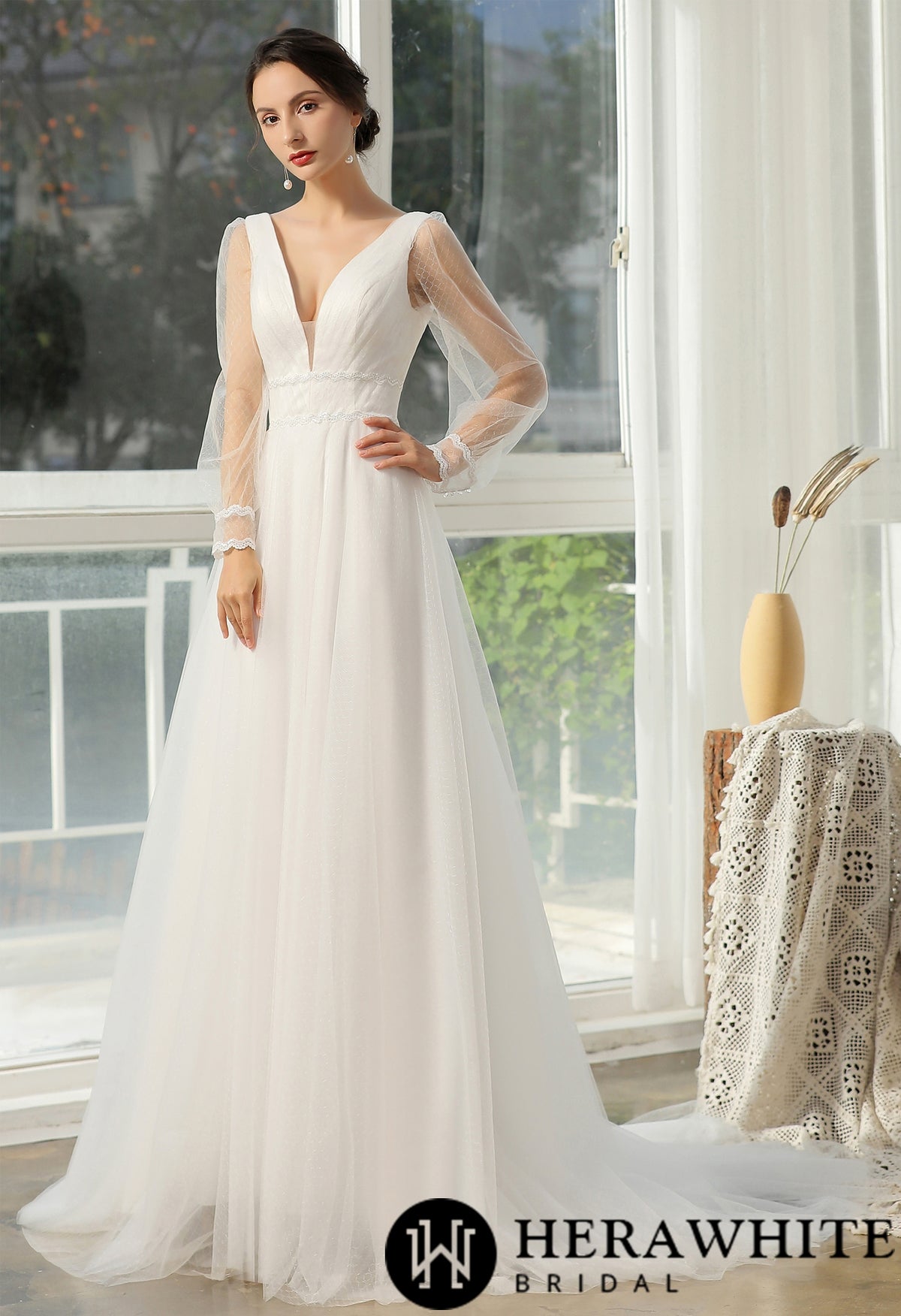 Bishop long Sleeve  Ruched Illusion V-neckline Bridal Gown