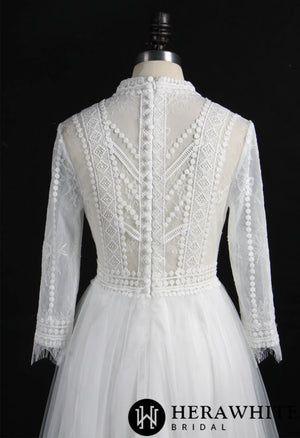 Flowy Long Sleeve High Neck A-Line Wedding Dress