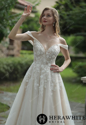 Elegant Floral 3D Lace Wedding Dress With Off-Shoulder Straps