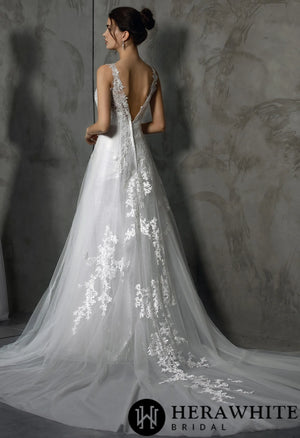 Shining V-Neck Wedding Dress With Long Tulle Train