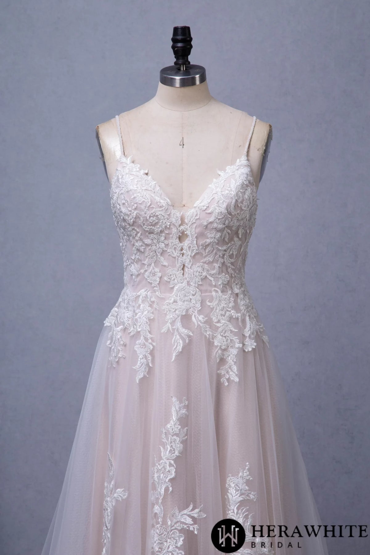 Gorgeous Blush V-neck Flower Lace A-Line Wedding Dress