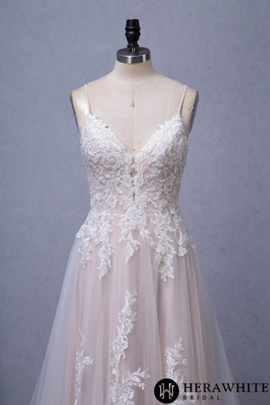 Gorgeous Blush V-neck Flower Lace A-Line Wedding Dress