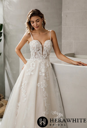 Plunging Sweetheart Floral Lace Glitter A-line Wedding Dress