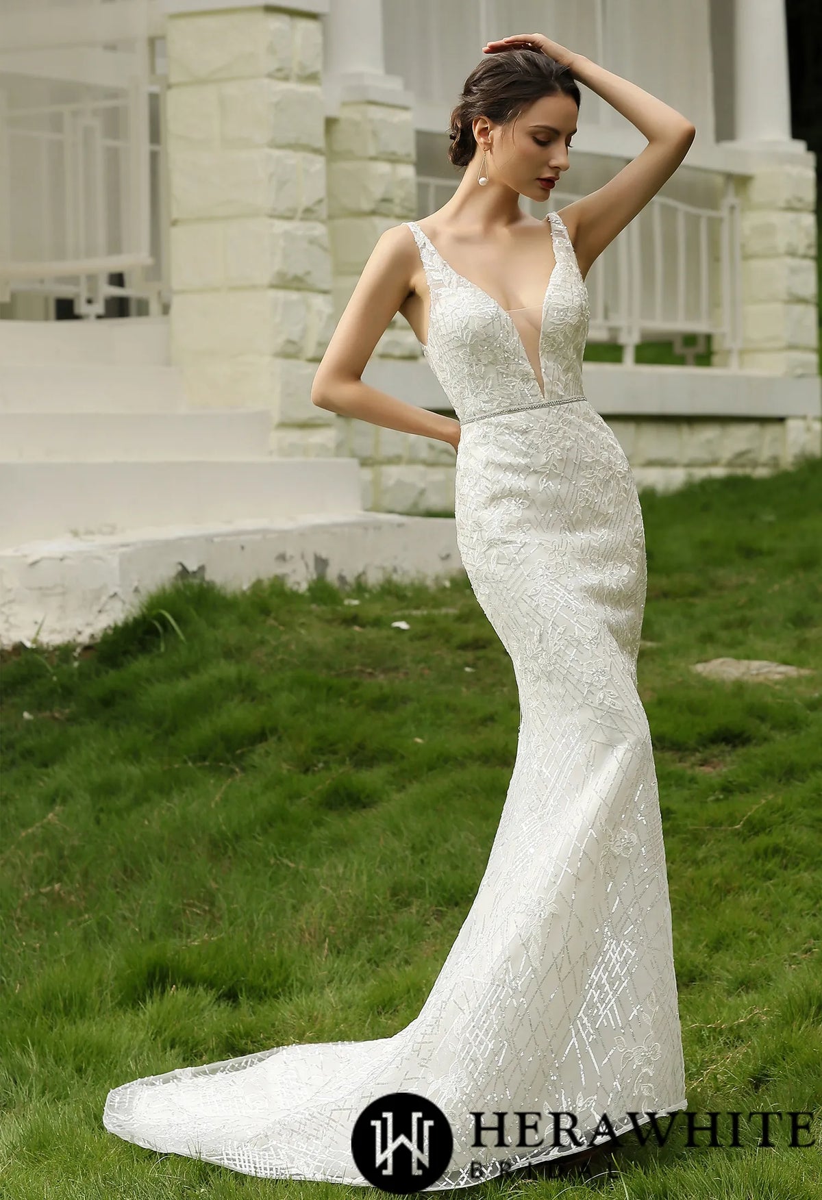 Glittery Fitted  Wedding Dress With Deep V Neckline