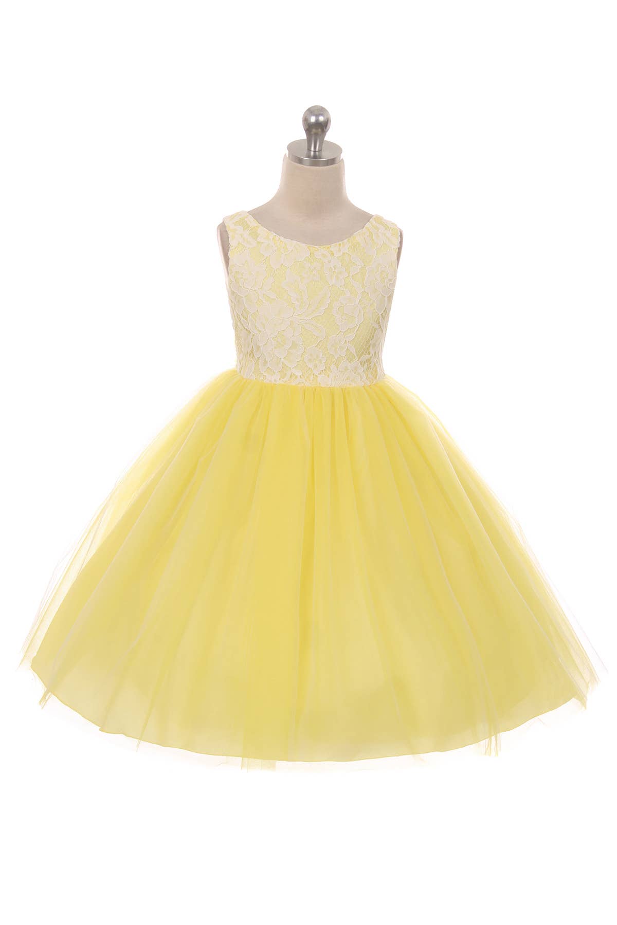 Lace Illusion Girls Dress With/Without 3 Mesh Flowers: Yes / Yellow / 8