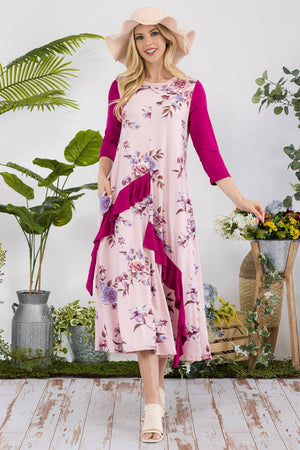 FLORAL CONTRAST MID-DRESS WITH RUFFLE DETAILS -CD43841C