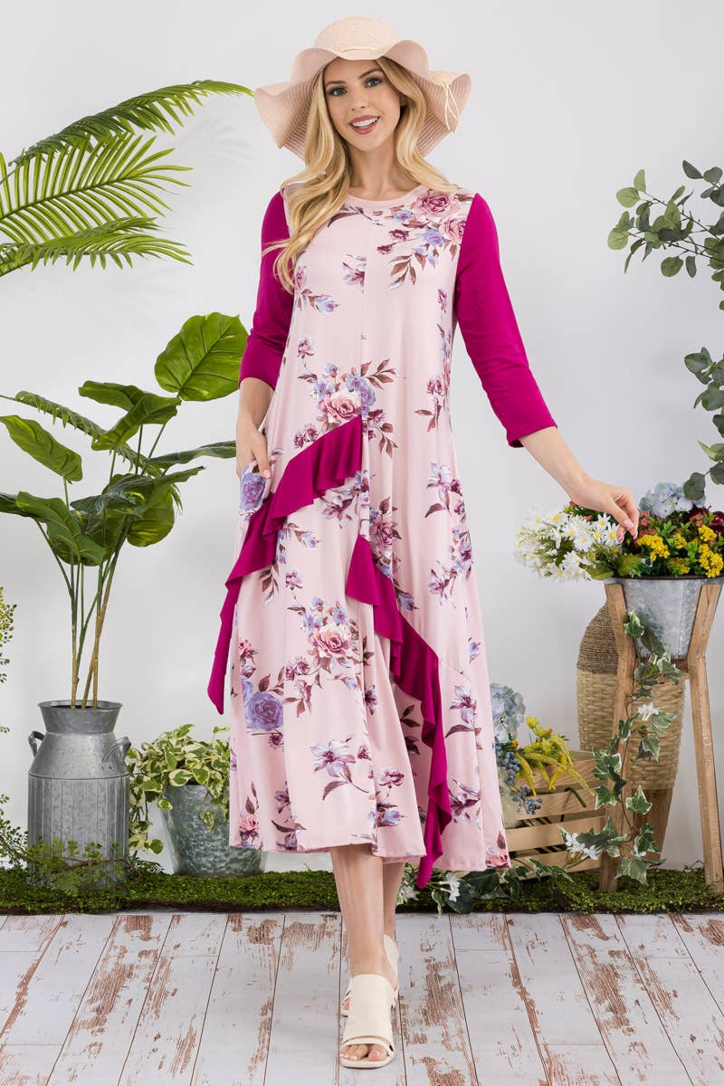 FLORAL CONTRAST MID-DRESS WITH RUFFLE DETAILS -CD43841C