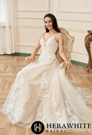 Gorgeous Blush V-neck Flower Lace A-Line Wedding Dress
