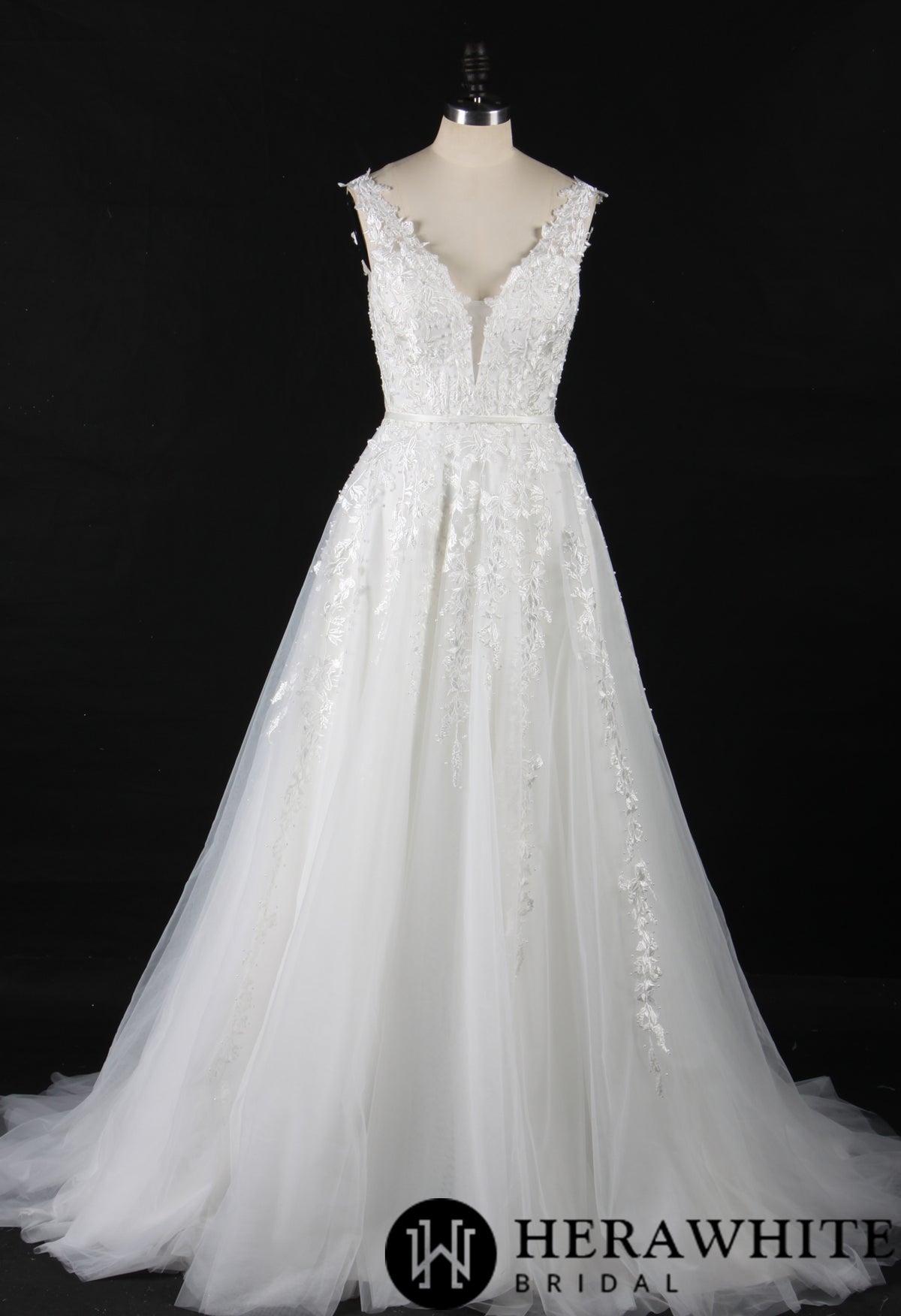 Plunging V-Neck Beaded Lace Wedding Dress
