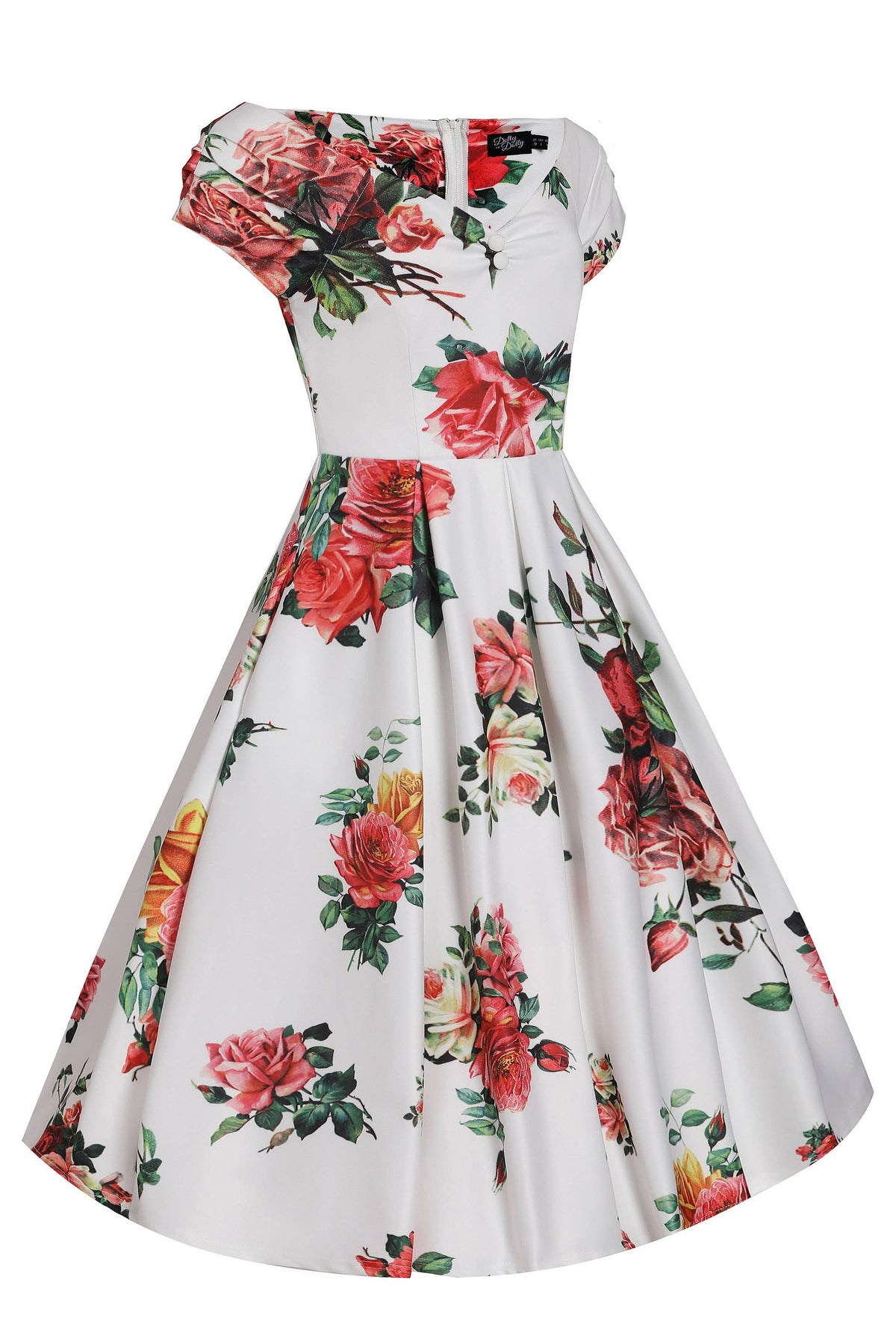 Off Shoulder Flared Pocket Dress White Pink Yellow Roses