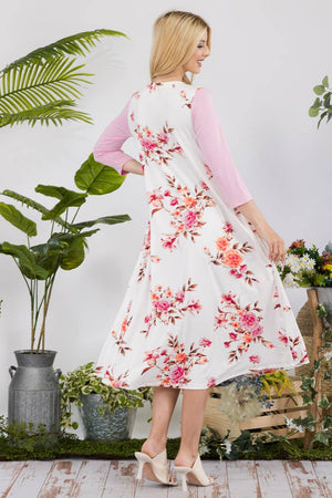 PLUS SIZE FLORAL CONTRAST MID-DRESS WITH RUFFLES -CD43841C-P