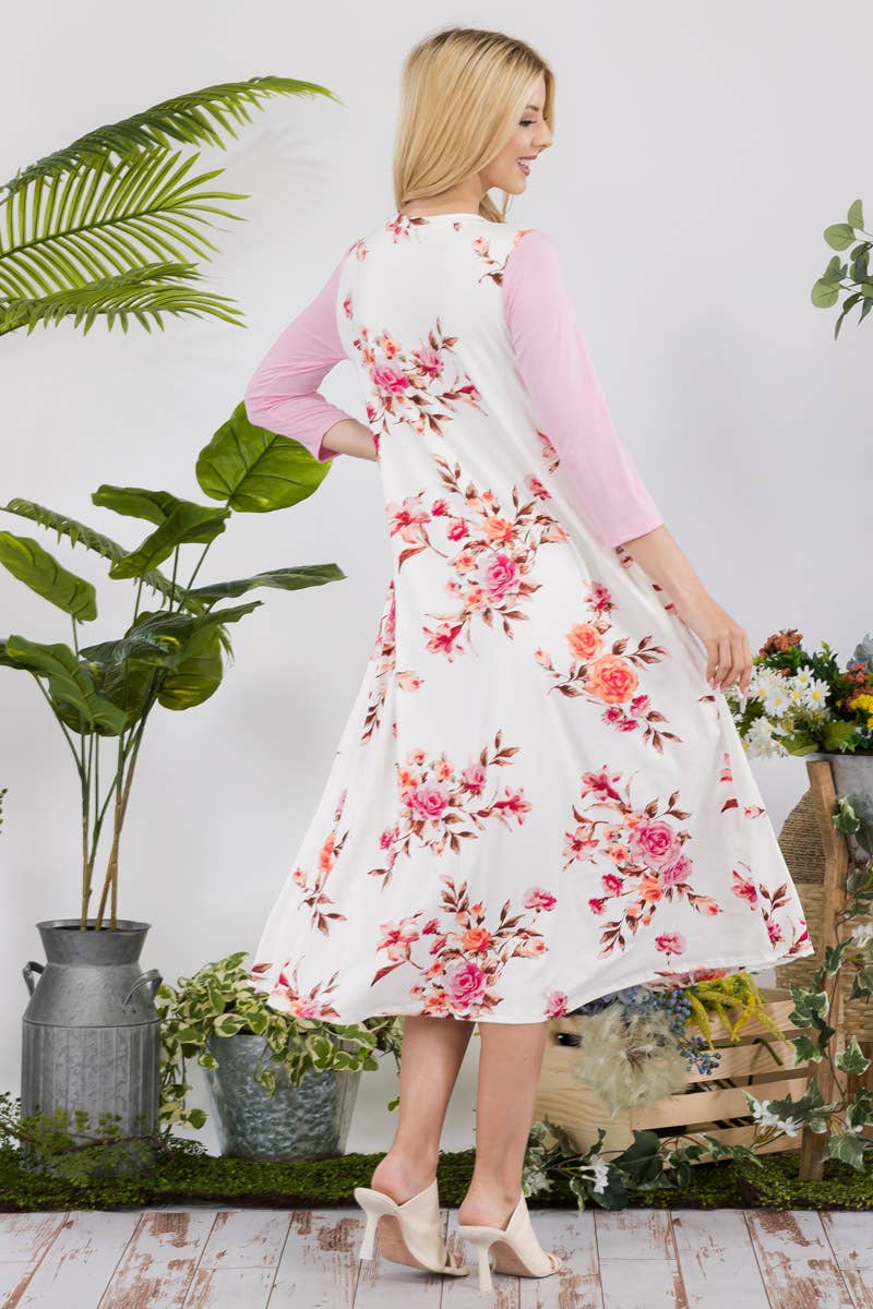 PLUS SIZE FLORAL CONTRAST MID-DRESS WITH RUFFLES -CD43841C-P