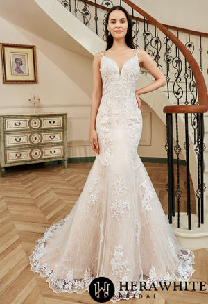 Pink Nude Fit And Flare With Beaded Straps Floral Lace Wedding Dress