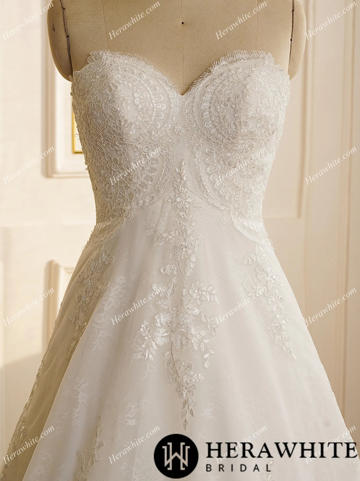 Strapless Whole Lace Count Train Wedding Dress
