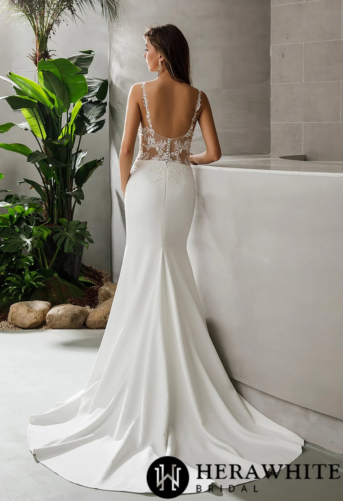 Crepe Fit and Flare Crepe Silhouette Wedding Dress With Lace Straps