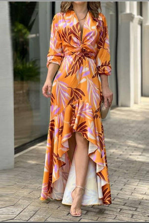 WOMEN LONG SLEEVE PRINTED LACE UP SLIT DRESS_CWDMD0889