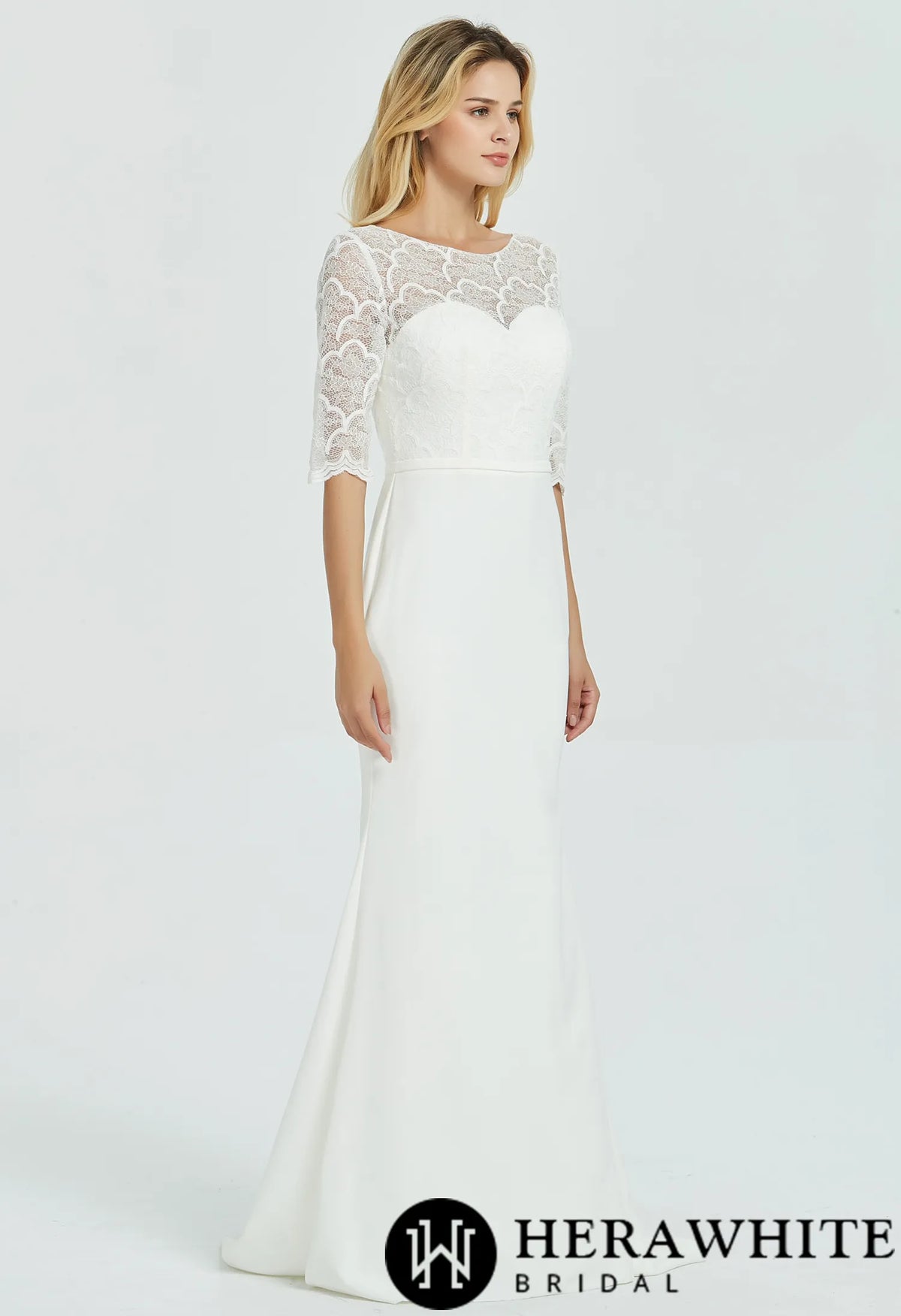 Crepe Long Sleeve Modest  Lace  Sheath Wedding Dress