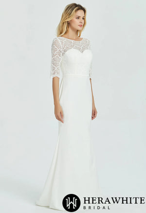 Crepe Long Sleeve Modest  Lace  Sheath Wedding Dress