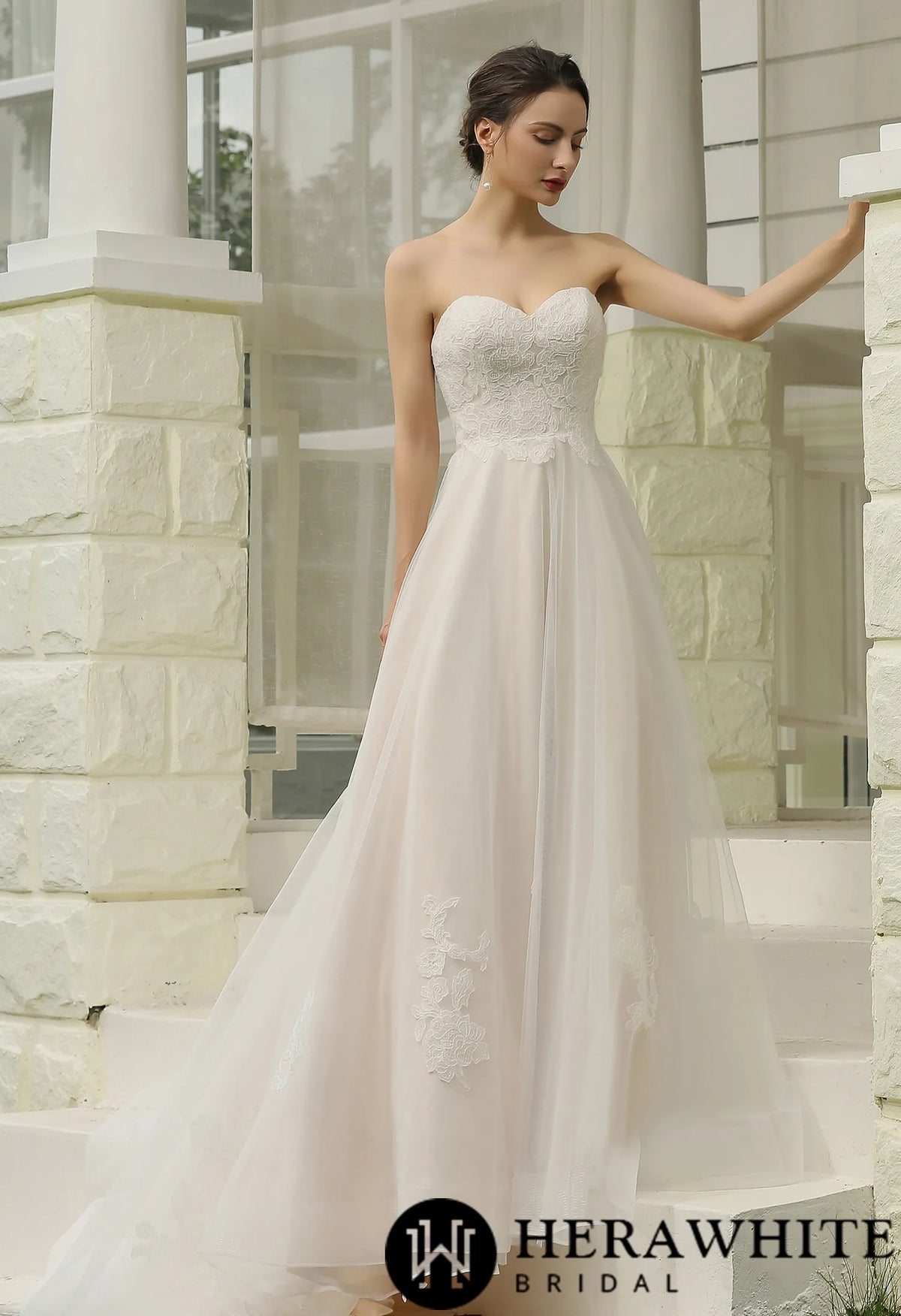 Classic A-Line Strapless Bridal Gown With Detachable Bishop Sleeves