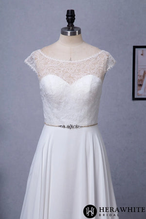 Cap Sleeve Chiffon A-Line Wedding Dress With Detachable Train