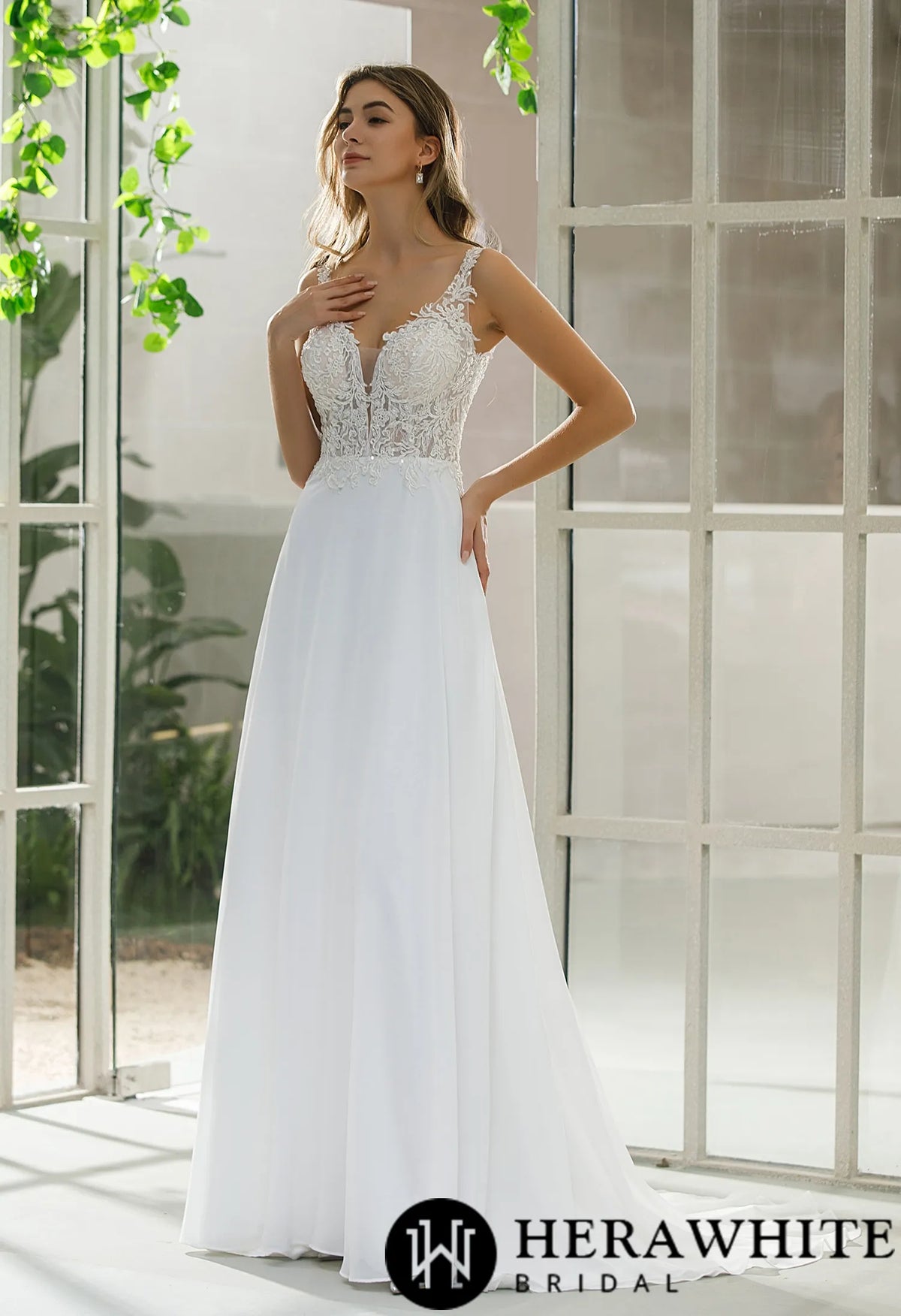 Simple Lace A-line Bridal Gown With Chiffon Skirt