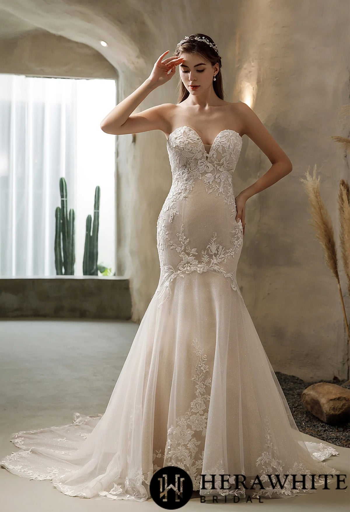 Off-the-shoulder Mermaid Wedding Dress in Glitter Tulle With Open Back