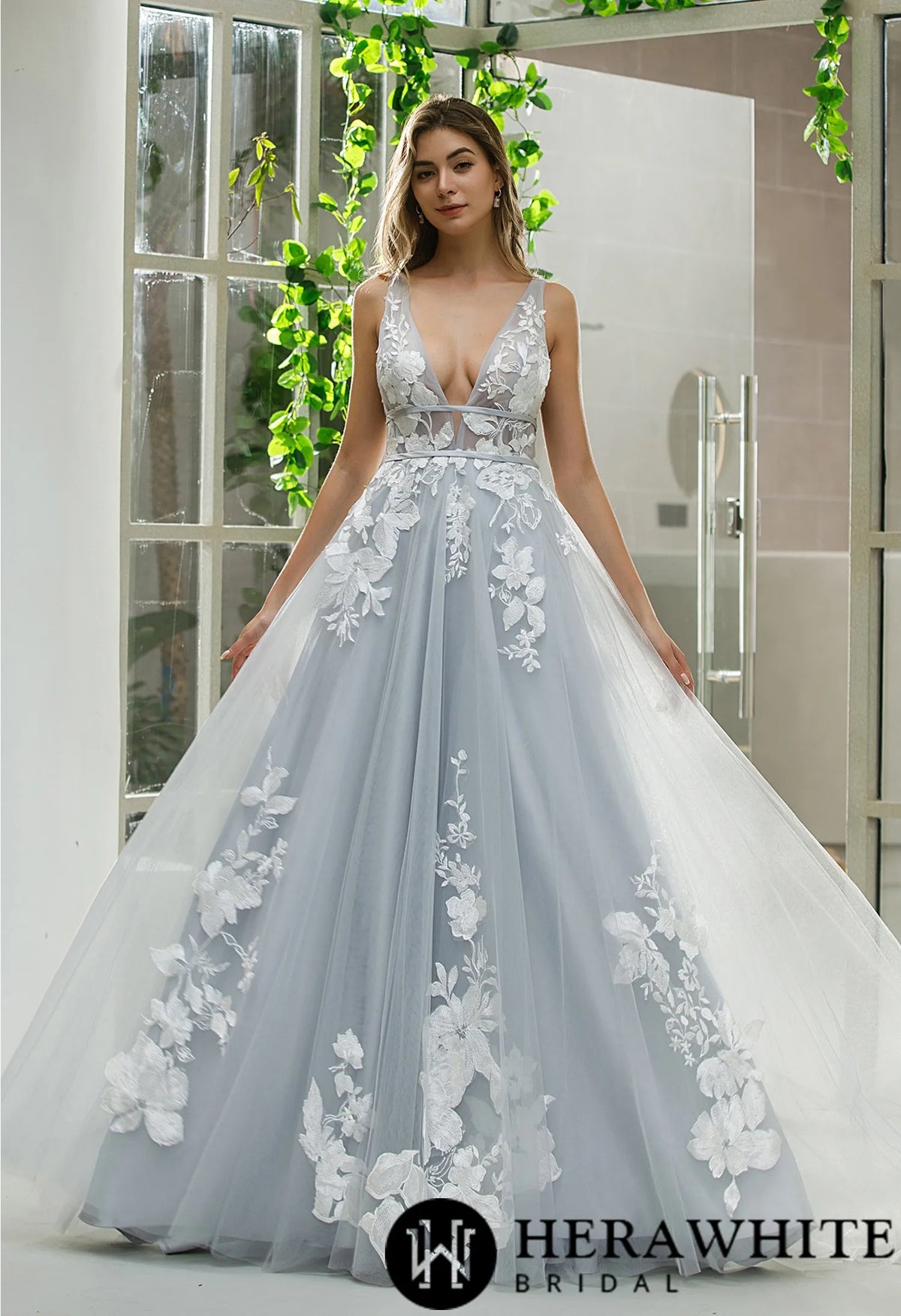Plunging V-neck Wedding Dress With Floral Motifs