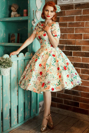 Retro Party Swing Dress in Green Floral