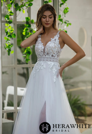 Inspired Lace A-line Wedding Dress With Slit Tulle Skirt