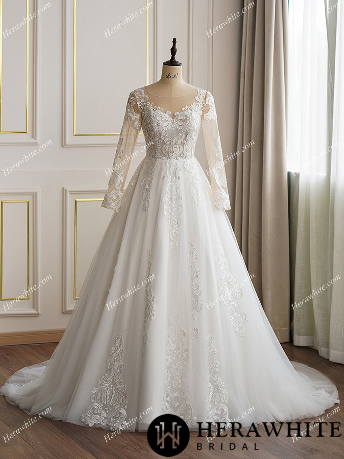 Illusion Neckline Long Sleeve Lace with Pearl Buttons Bridal Gown