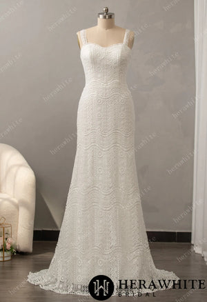 Romantic Boho Lace Sweetheart Neckline Sheath Bridal Dress