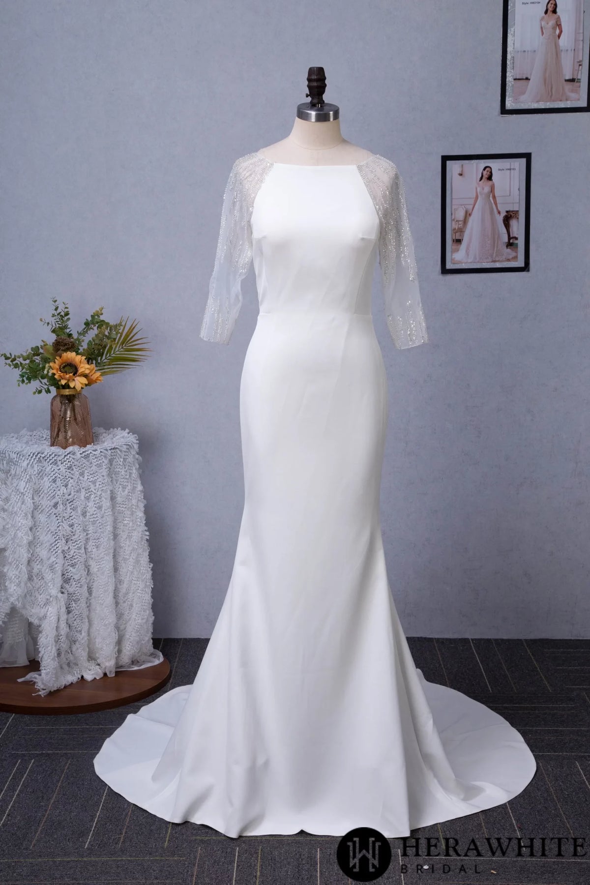 Bateau Neckline Long Train Crepe Bridal Gown With Beaded Illusion Back