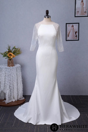 Bateau Neckline Long Train Crepe Bridal Gown With Beaded Illusion Back